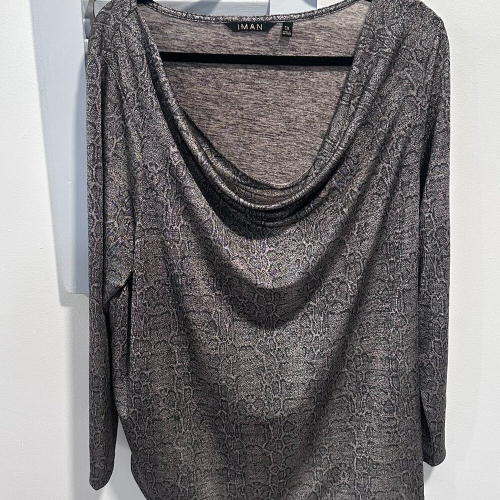 IMAN Global Chic Metallic Snake Print Cowl Neck Top 1X EUC
